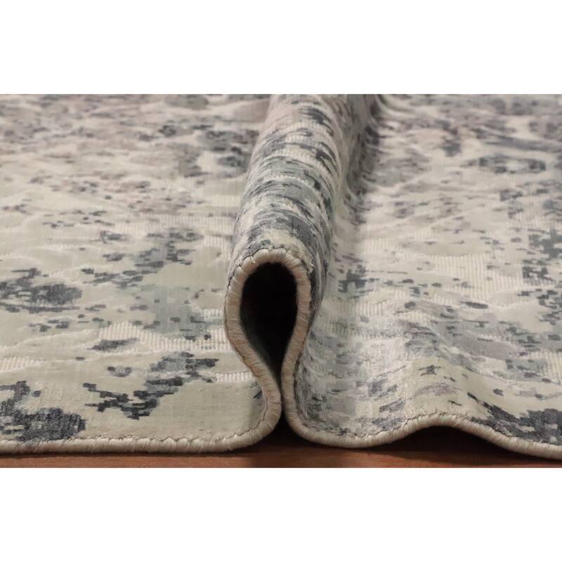 Hand Knotted Oriental Viscose Silk Carpet Modern All-Over Greys & Charcoal Abstract Area Rug - 8' 2'' X 5' 7''
