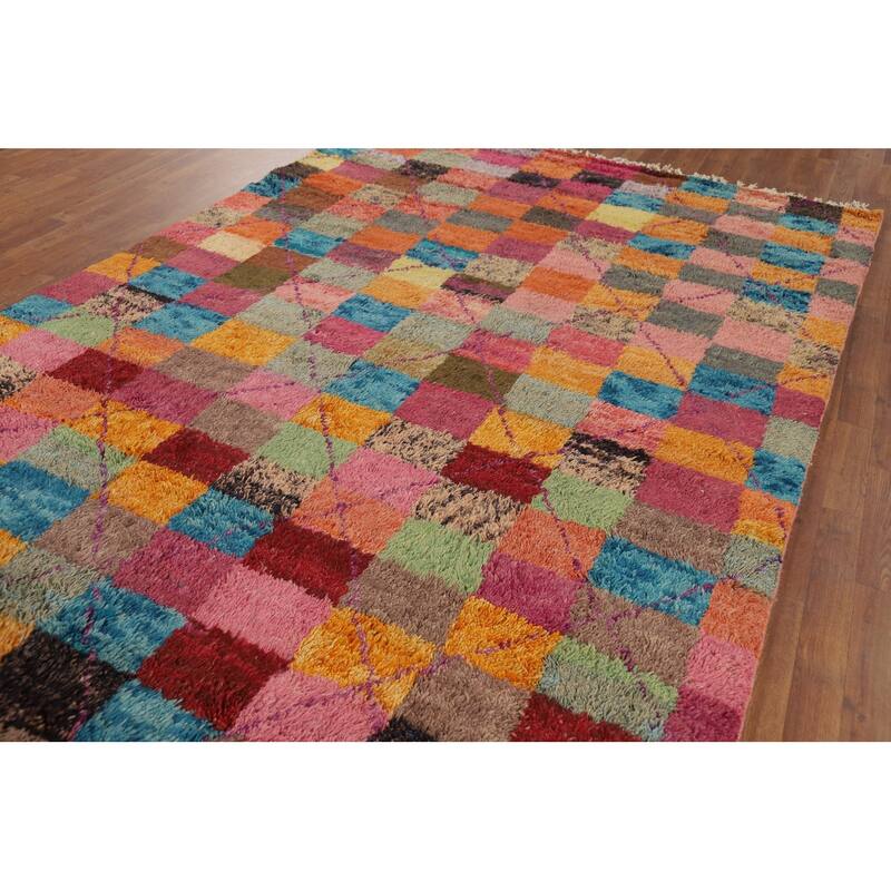 Checkered Plush Moroccan Oriental Area Rug Handmade Wool Carpet - 6'6" x 10'9"