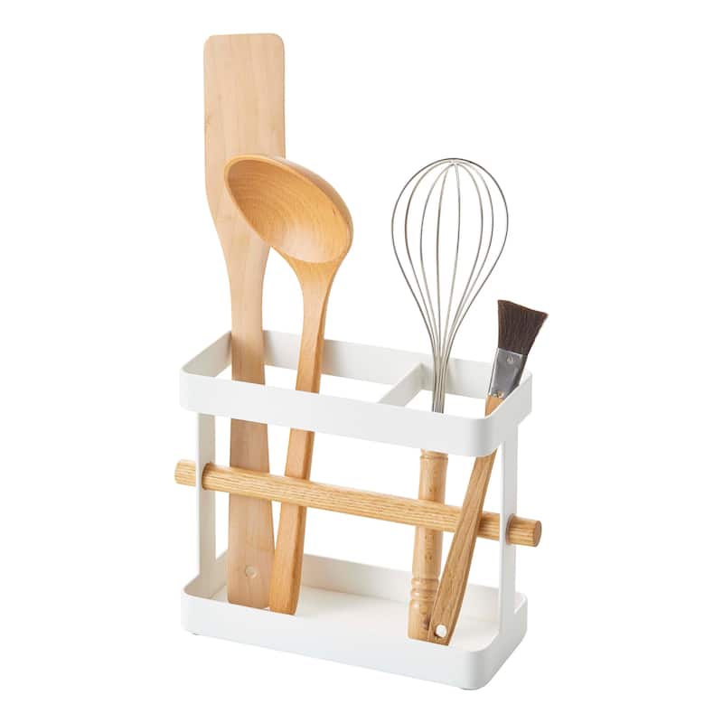 Yamazaki Home Utensil Holder, Steel and Wood, Holds 2.2 lbs - L 2.95 x W 7.87 x H 5.71 inches - White - L 2.95 x W 7.87 x H  5.71 inches