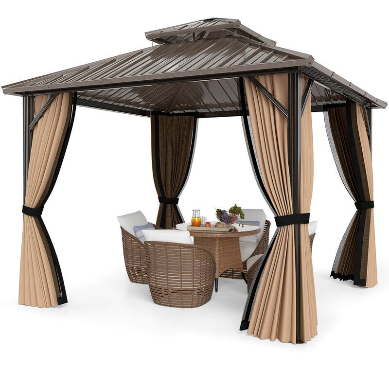 Costway 10 x 10 FT Hardtop Gazebo with Netting Heavy-Duty Double-Roof - Coffee