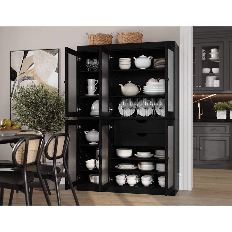 100% Solid Wood 48.5" Pantry Cabinet with Frosted Glass Doors and 2-Drawers - Black
