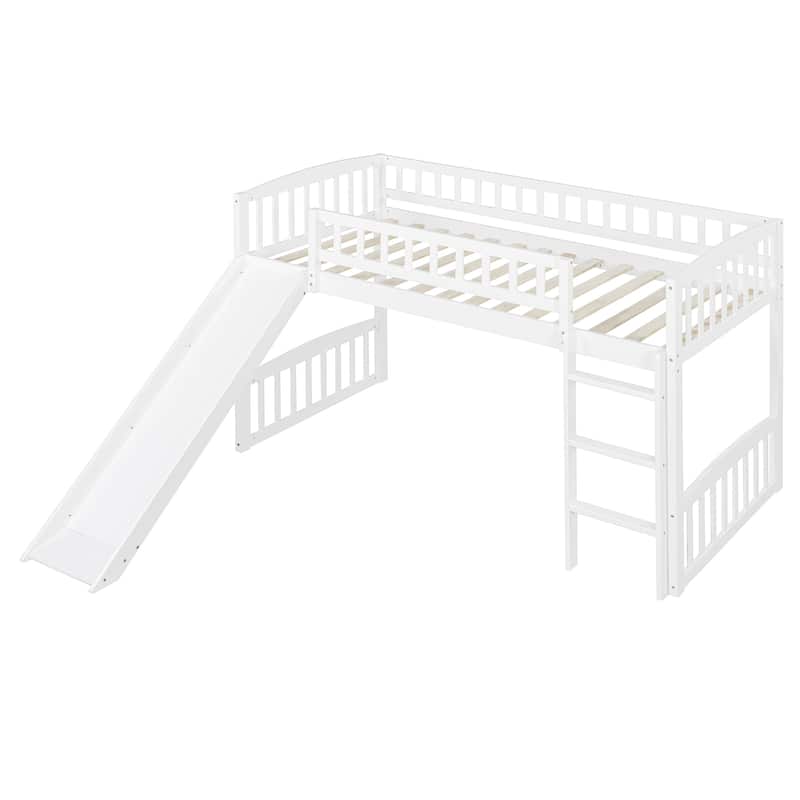 Twin Loft Bed with Slide and Reversible Ladder, Wooden Frame with Guardrails and Open Underbed Play Space