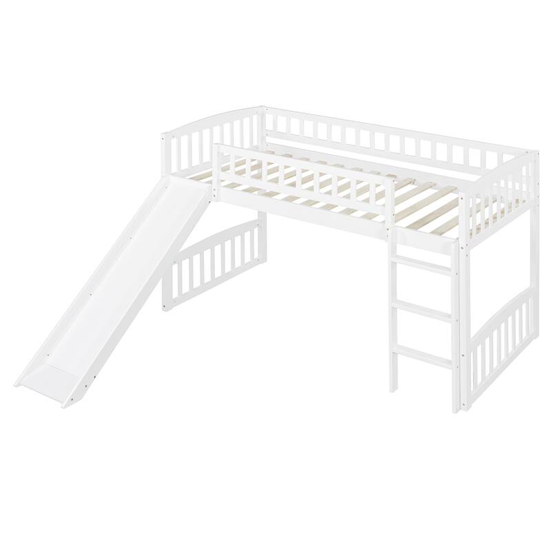 White Twin Loft Bed with Slide and Ladder, Space-Saving Design