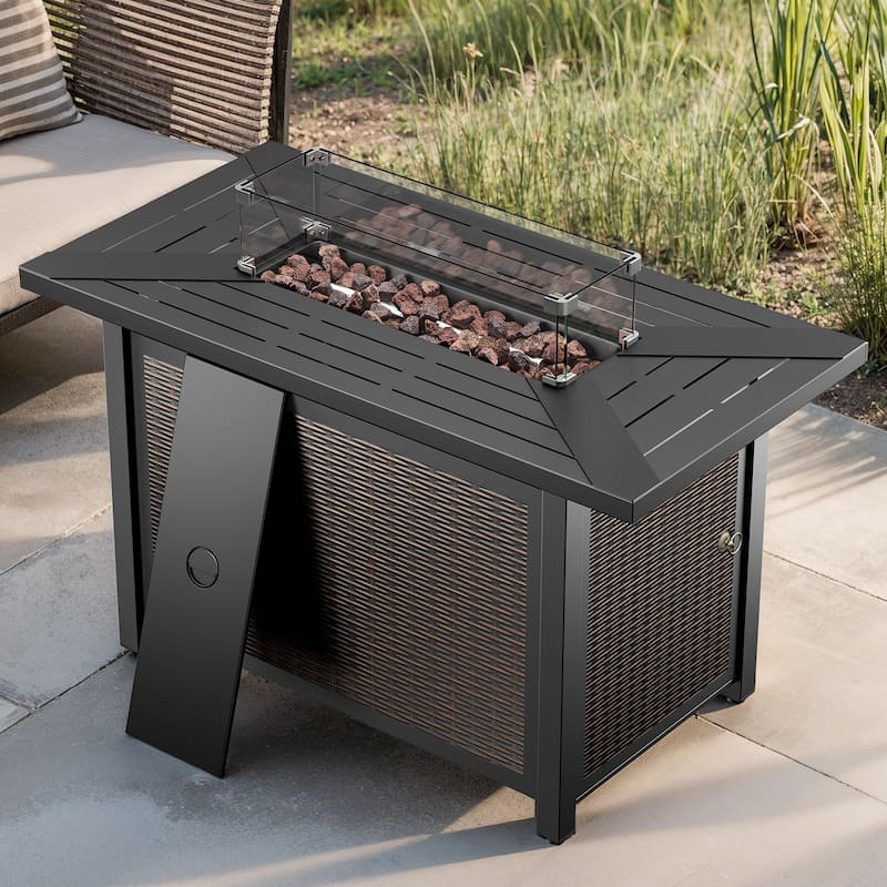 Meyreso 43 in. Rectangular Brown Metal Propane Outdoor Fire Pit Table with Glass Wind Guard Lid, Lava Rocks, 50000 BTU