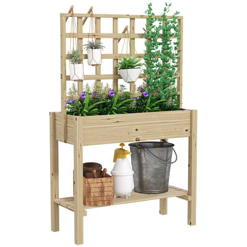 Outsunny Wooden Raised Garden Bed with Trellis, Elevated Planter Box with Storage Shelf, Outdoor Flower Box