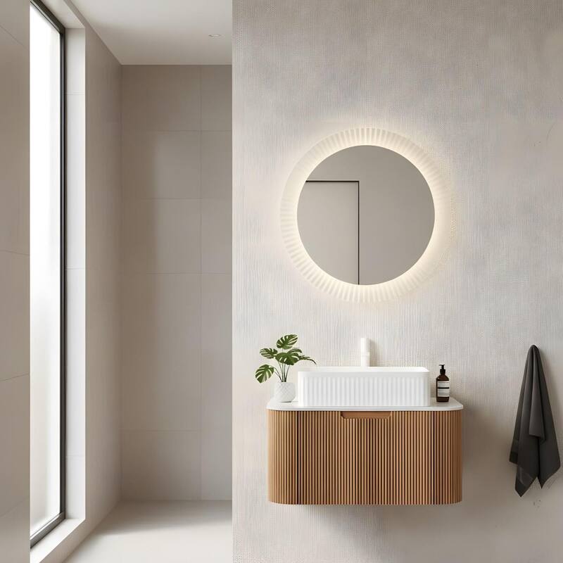 Wall Mounted Bathroom Vanity with White Rectangular Ceramic Basin - 30 - Natural Wood