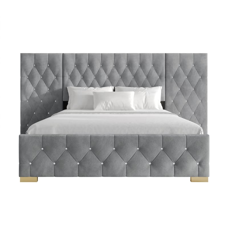 CraftPorch Luxurious Velvet Tufted Platform Bed with Wall Panels - Light Grey - King
