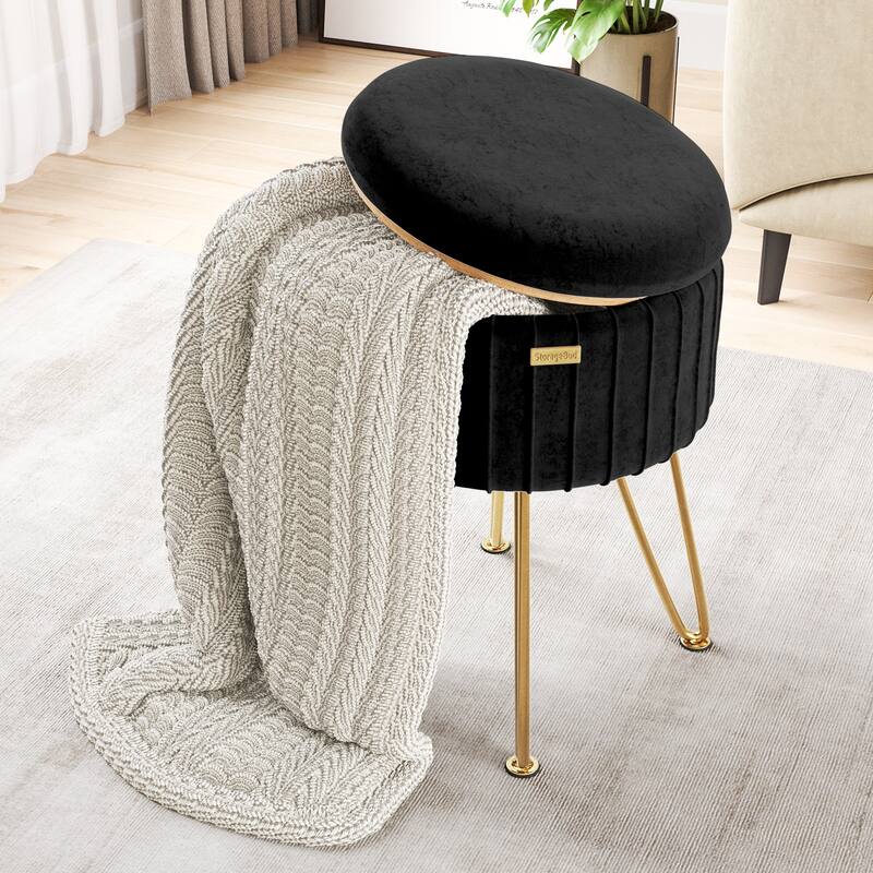 Emperyan Pleated Velvet Storage Ottoman, Modern Ottomans for Living Room and Bedroom
