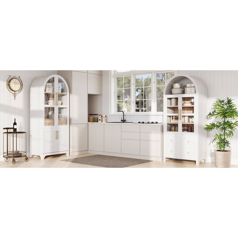 Roomfitters 71" Tall Arched Kitchen Pantry Cabinet with Glass Doors, Hidden Drawer & 4 Door Shelves