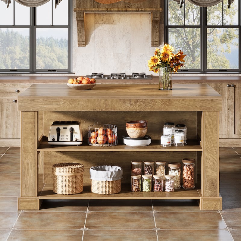 55-Inch Stationary Kitchen Island with Storage Shelves and Large Worktop, Farmhouse Style, Light Brown