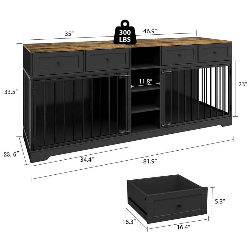Wooden Dog Cage Crate Furniture TV Stand Large Dog Kennel with 4 Drawers and Shelves for 2 dogs