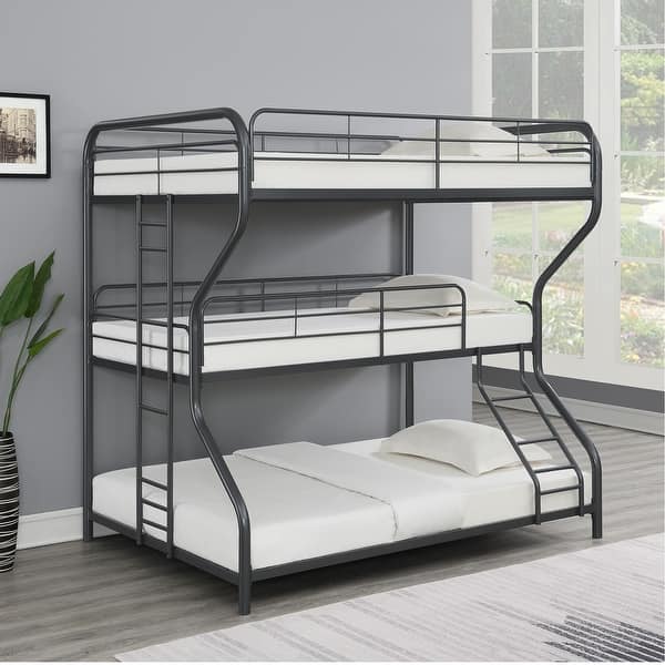 slide 2 of 10, Black Full over Twin over Full Size Metal Furniture Triple Bunk Bed with Ladder and Fence for Bedroom Black