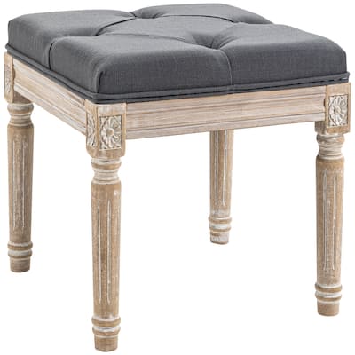16" Vintage Ottoman, Tufted Foot Stool with Upholstered Seat, Rustic Wood Legs for Bedroom, Living Room,