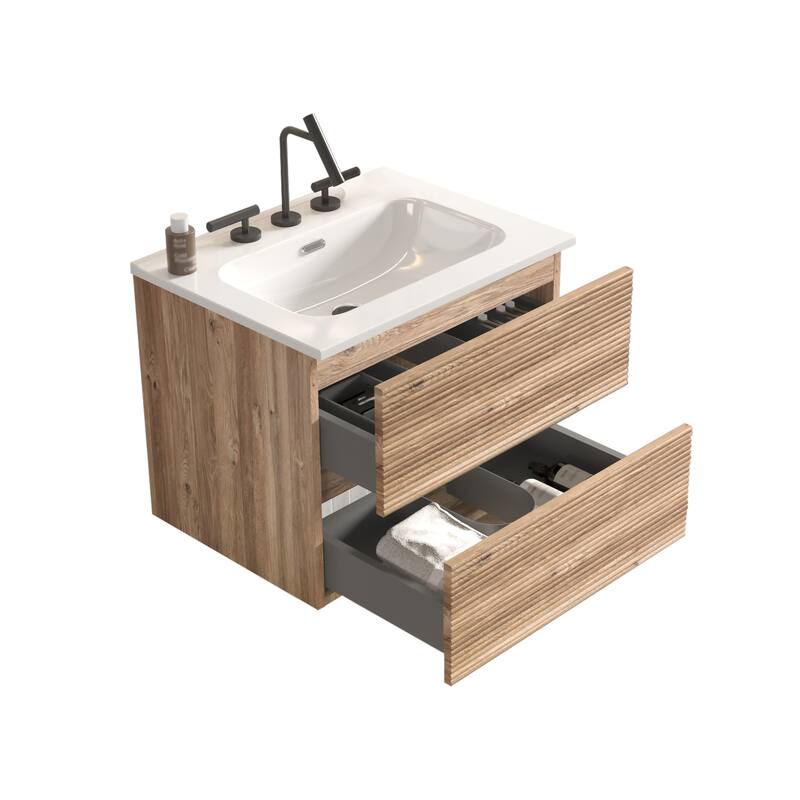 GDFStudio - Gloria Modern Wall-Mounted Floating Bathroom Vanity with Integrated Ceramic Basin & Soft-Close Drawers