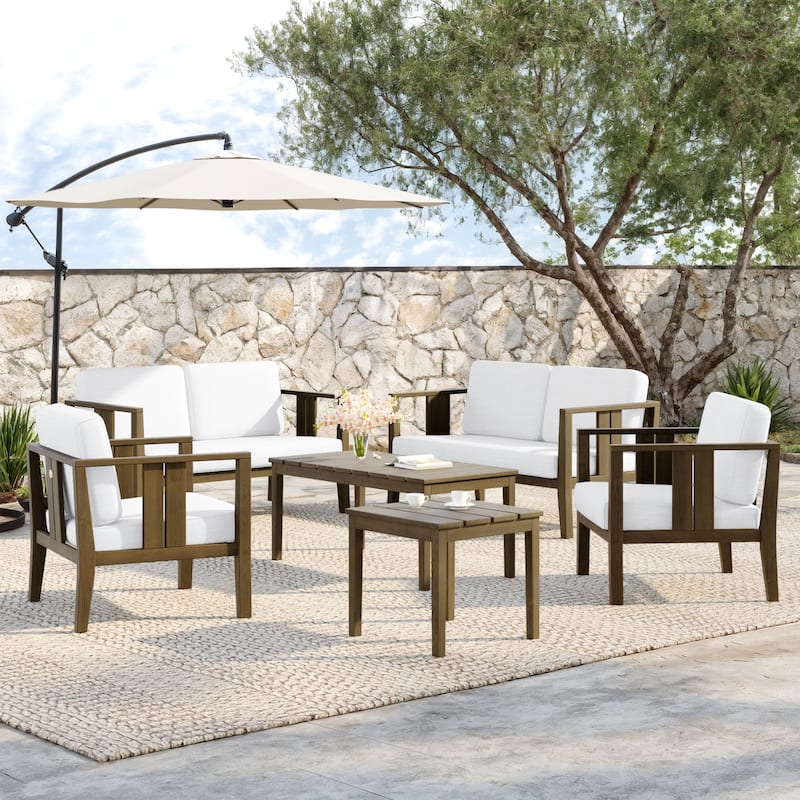 Teak Wood 6-Piece Outdoor Conversation Set with Table - Brown frame - Beige/Brown