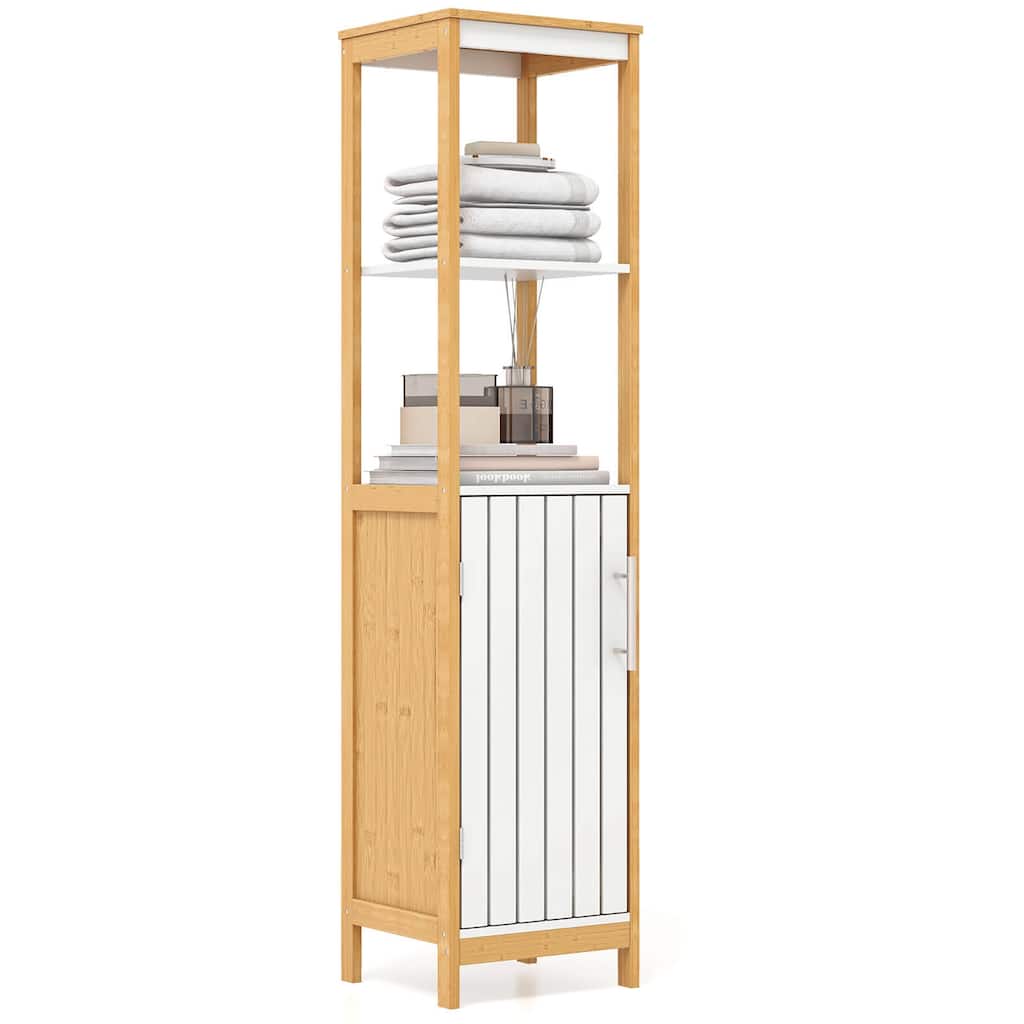 Gymax Tall Bathroom Floor Cabinet Bamboo Bathroom Storage w/Adjustable