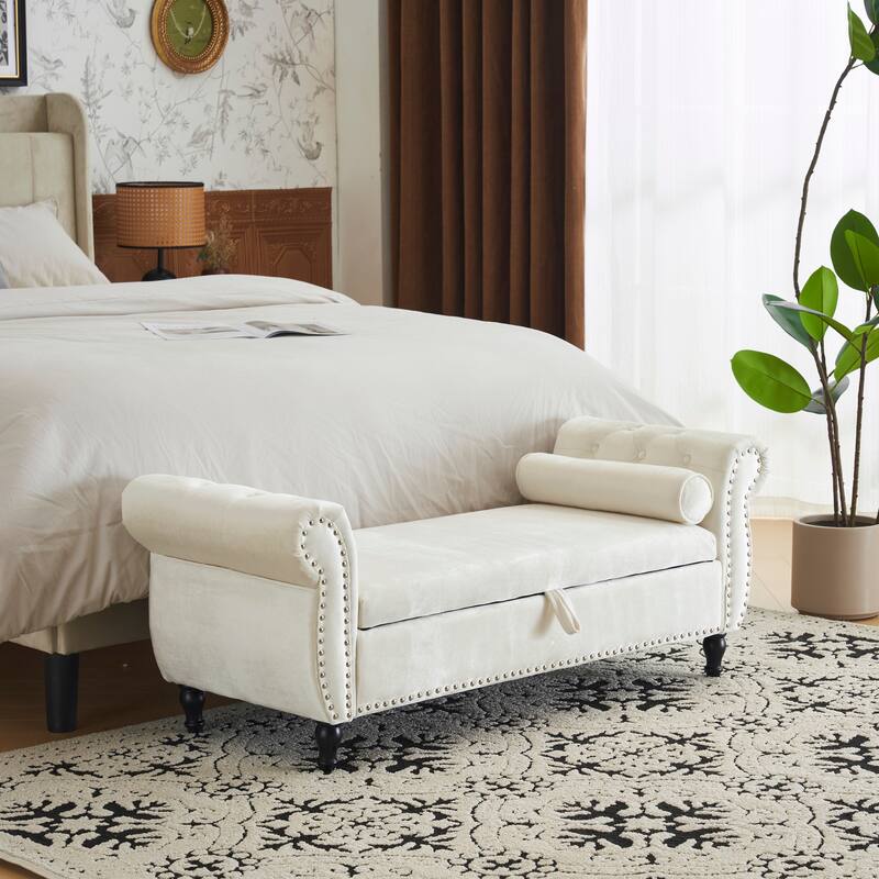 Velvet Multifunctional Storage Rectangular ottoman bench with 1 Pillow - Beige