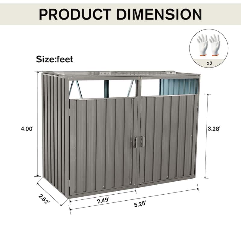 Garbage Bin Shed Stores 2 Trash Cans Metal Outdoor Bin Shed for Garbage Storage,Stainless Galvanized Steel