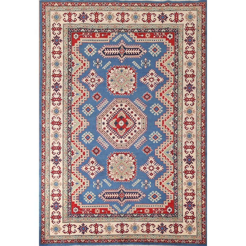 Blue Geometric Kazak Area Rug Handmade Oriental Wool Carpet - 6'8" x 9'9"