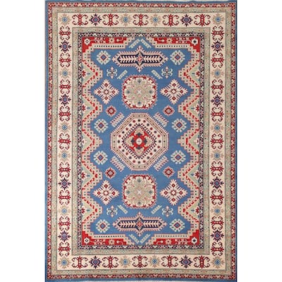 Blue Geometric Kazak Area Rug Handmade Oriental Wool Carpet - 6'8" x 9'9"