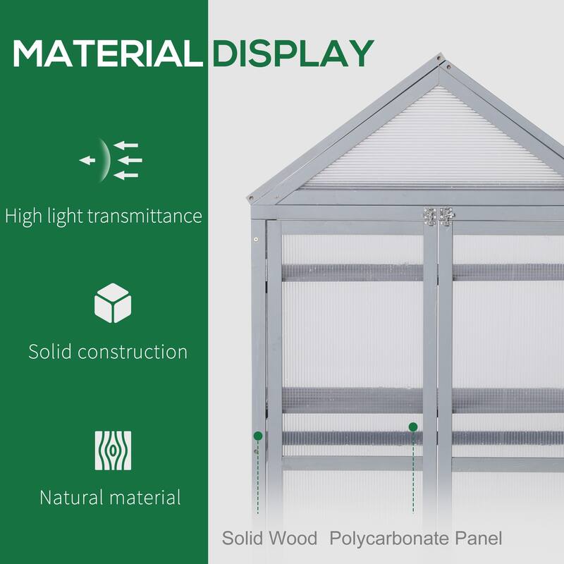 Outsunny 32" x 19" x 54" Garden Wood Cold Frame Greenhouse Flower Planter with Adjustable Shelves, Double Doors, Grey