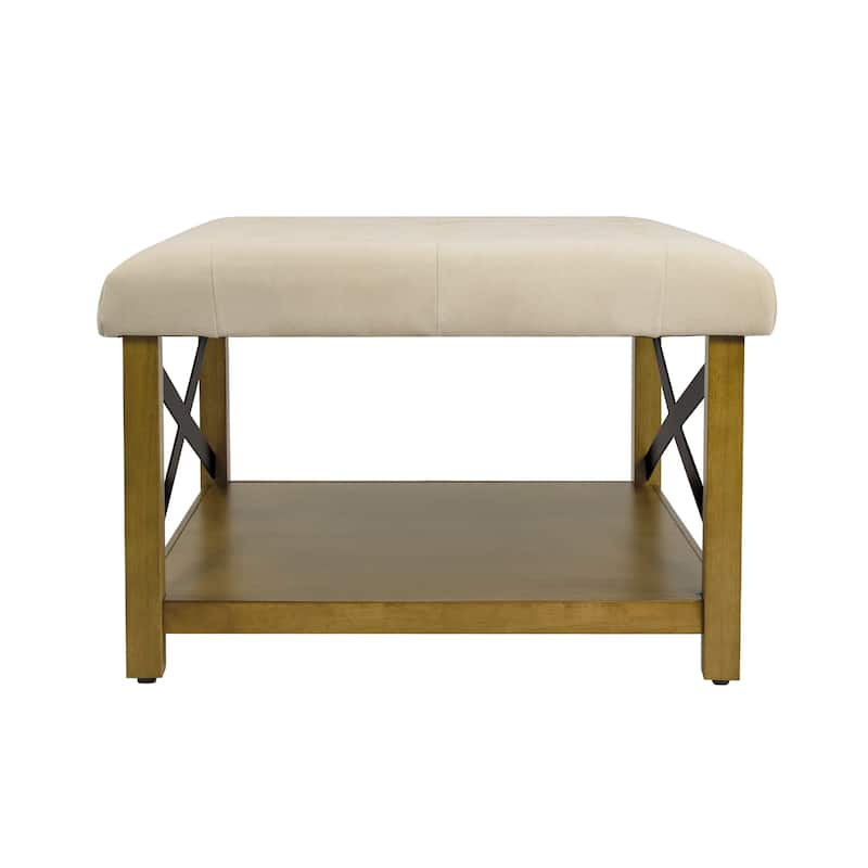 Ottoman with Open Storage, Wood Legs, Cream Tufted Microfiber 30 Inch
