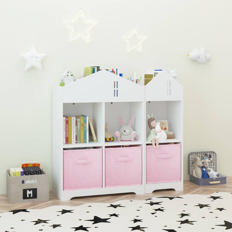 2-Tier Storage Display Kids Dollhouse Bookcase, Toddler Bookshelf with Collapsible Fabric Drawers for Bedroom or Playroom