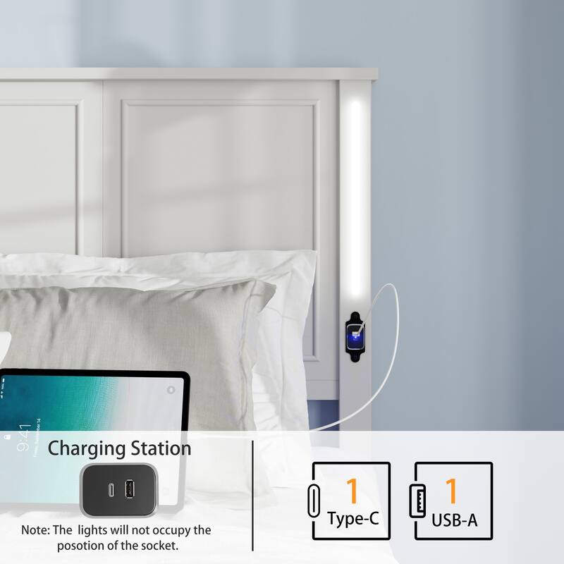 Modern Queen Size Bed Frame with Wood Headboard, LED Light Bar and Charging Station, No Box Spring Needed, Bedroom Furniture