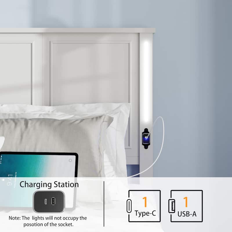 Queen Size Platform Bed with Wood Headboard,Charging Station and LED Lights