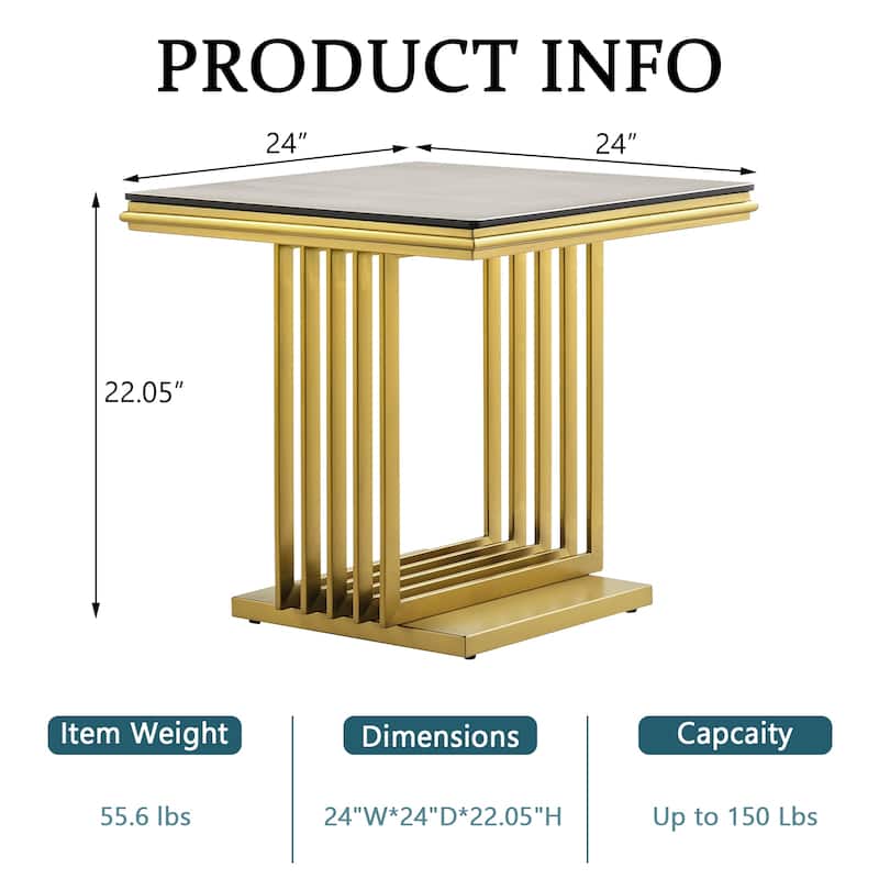 Luxurious Gold and Glass End Table with 24 inch Square Top and Stainless Steel Base