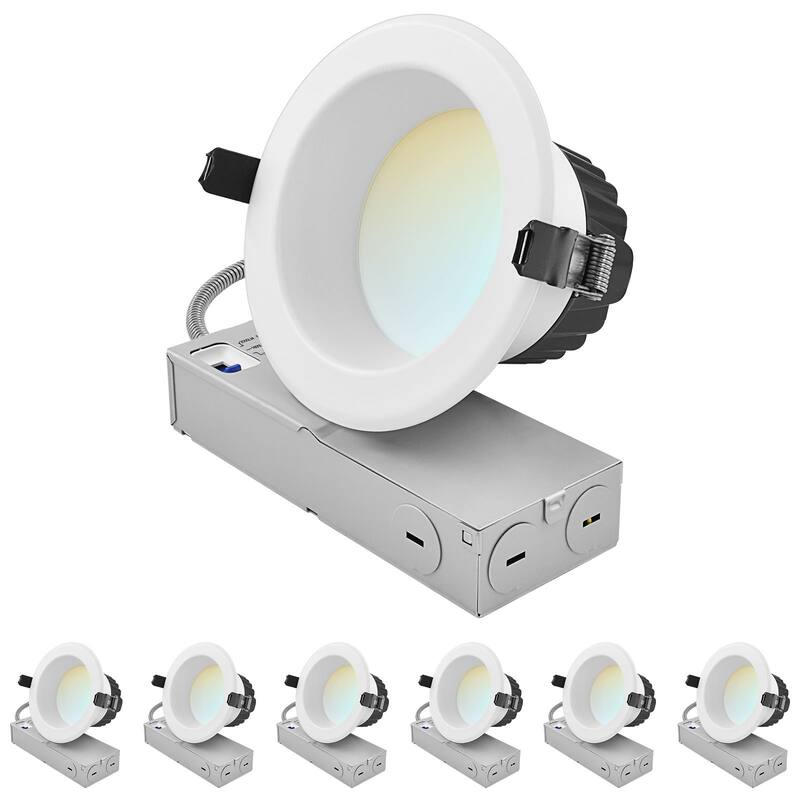 LUXRITE 4 Inch Commercial LED Recessed Light J-Box 5CCT 12/16/20W Dimmable 0-10V 1200/1600/2000LM 120-277V 6 Pack - 2700K/3000K/3500K/4000K/5000K