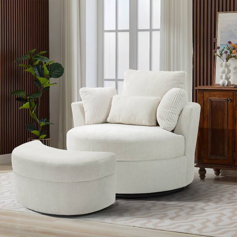 41" W Oversized Accent Barrel Swivel Chair with Moon Storage Ottoman