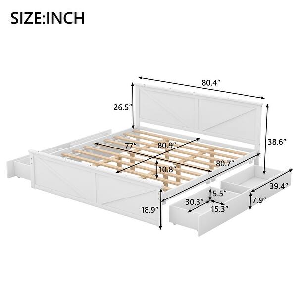 King Size Wooden Bed Frame with Storage Drawers, Headboard, and Support Legs, No Box Spring Needed