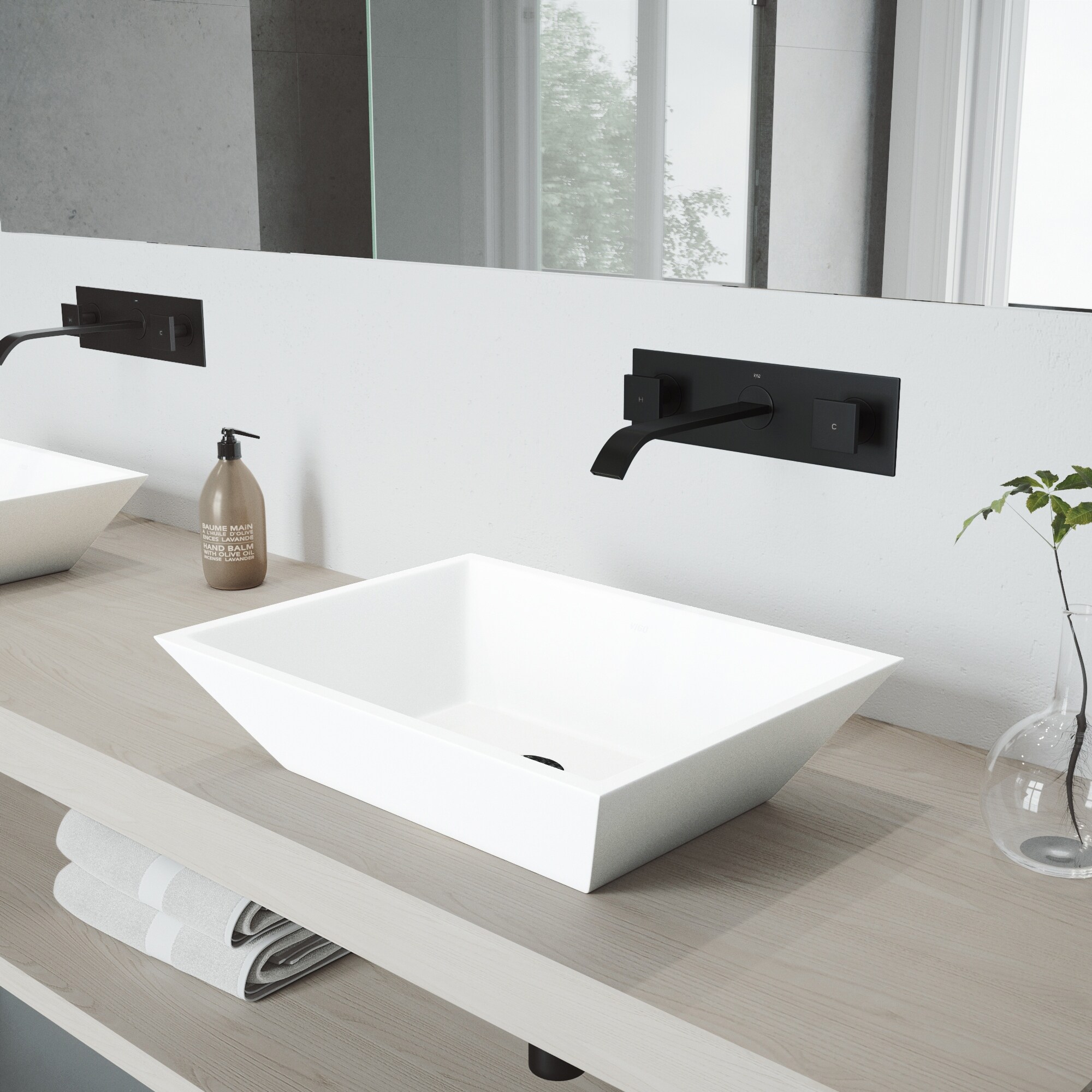 Vinca White Matte Stone Vessel Bathroom Sink Set with Titus Wall Mount Faucet in Matte Black