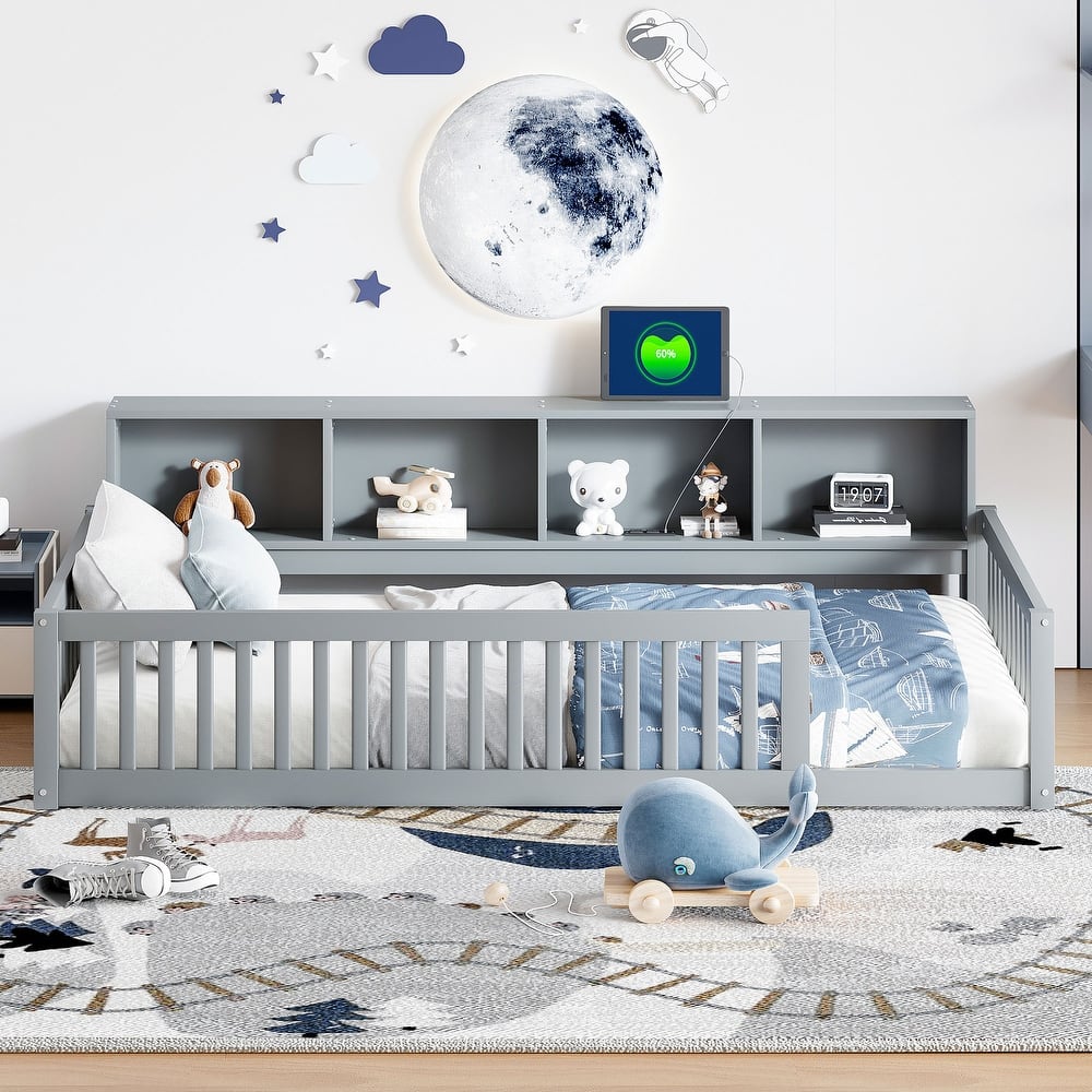 Wood Twin XL Size Floor Bed with Storage Cabinets and USB Ports, Solid Wood Bedframe w/Fence, No Box Spring Needed