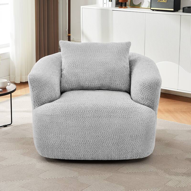 Roomfitters Modern 360 Degree Swivel Barrel Accent Chair with Pillow, Soft Boucle Fabric, Light Gray