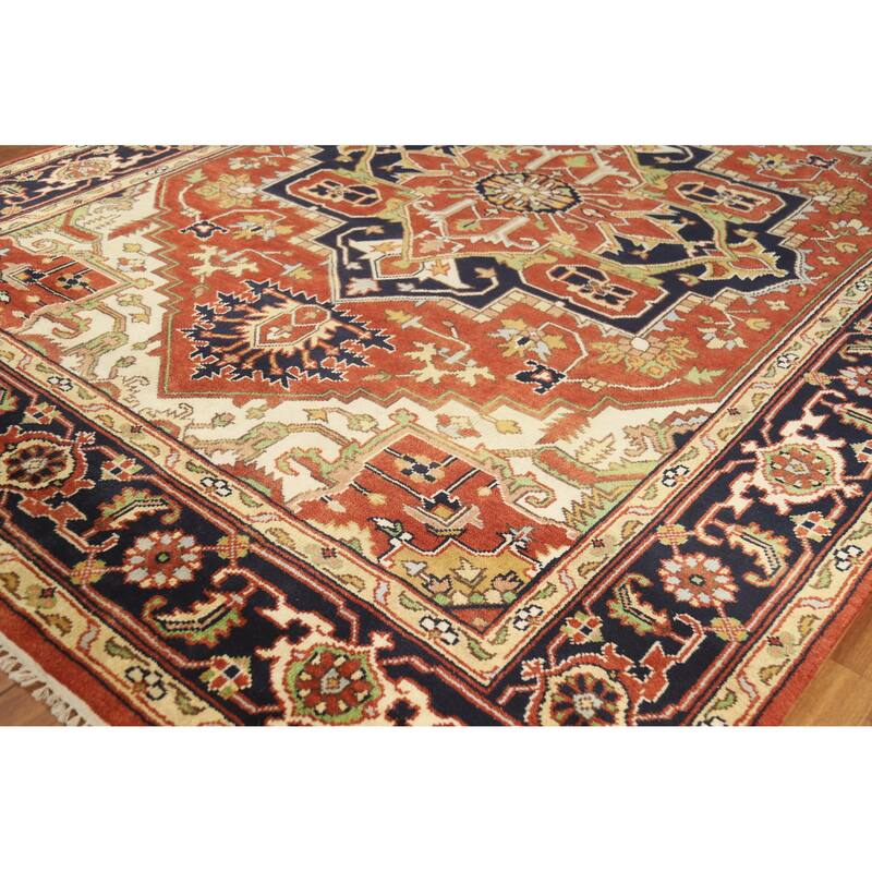 Geometric Medallion Heriz Serapi Indian Rug Hand-Knotted Wool Carpet - 8'10" x 12'0"