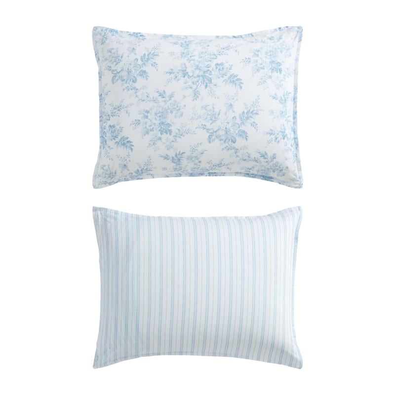 Laura Ashley Annalise Floral Reversible Stripe Breathable Cotton Comforter Set (Blue)