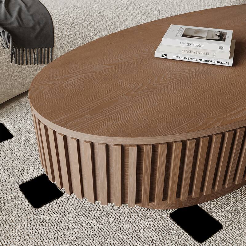 Modern 47" Oval Coffee Table with Storage Solid Wood Veneer for Living Room and Bedroom Decor