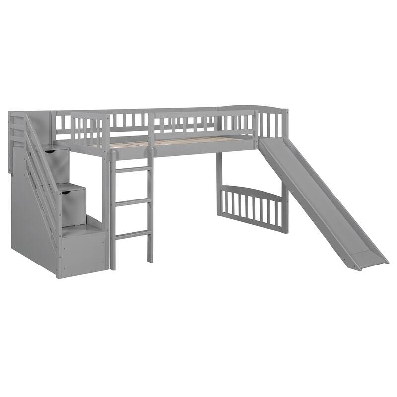 Twin Size Loft Bed with Drawers, Slide, and Staircase, Gray