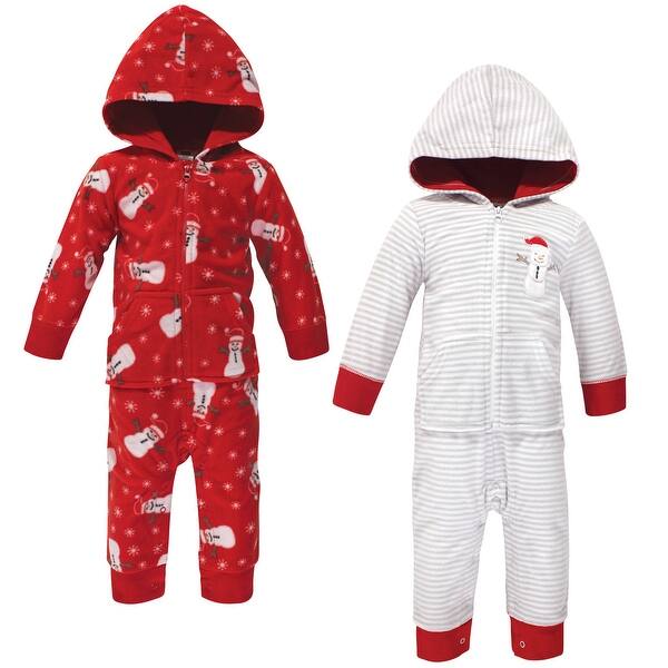 slide 1 of 1, Hudson Baby Infant Fleece Jumpsuits, Coveralls, and Playsuits 2pk, Santa Snowman 3 - 6 Months - Grey/Red