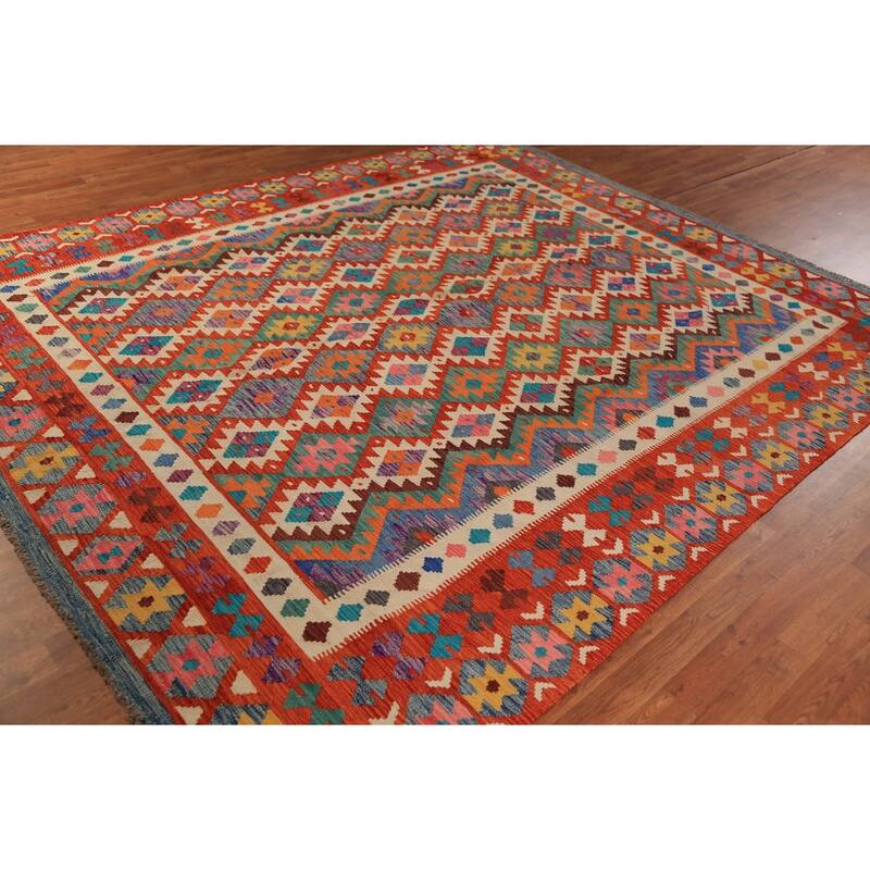 Reversible Kilim Oriental Area Rug Hand-Woven Orange Wool Carpet - 8'2" x 9'9"