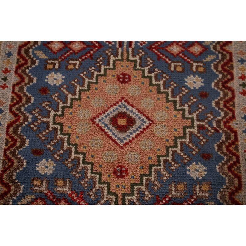 Blue Geometric Khotan Oriental Runner Rug Hand-Knotted Wool Carpet - 2'7"x 11'9"