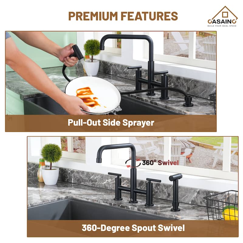 Double Handle Bridge Kitchen Faucet with Pull-Out Side Sprayer