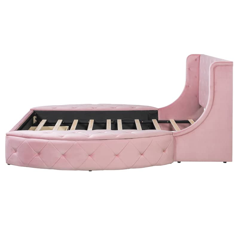 Low Profile Bed Queen Size Velvet Upholstered Platform Bed with Wingback Headboard, Big Drawer and 2 Semicircle Side Stools