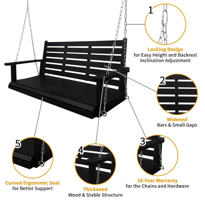 Wooden Porch Swing with Hanging Chains and 7mm Springs Heavy Duty 800 LBS for Outdoor Patio Garden Yard