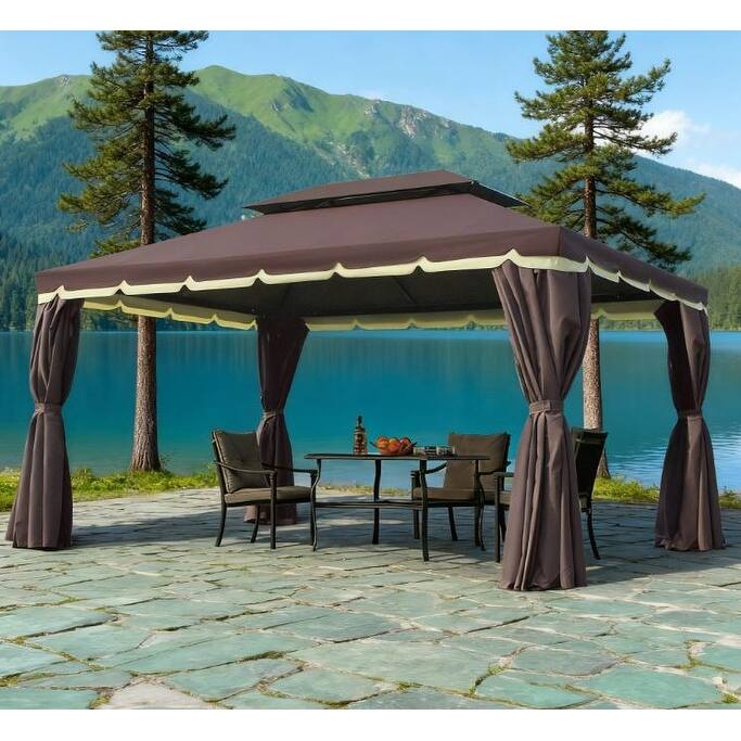 GDFStudio - 12.8'x9.5' Aluminum Frame Double Roof Patio Gazebo with Curtains & Netting