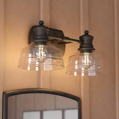 Beloit 2-Light 17 in. W Matte Black Farmhouse Bathroom Vanity Lighting Fixture Clear Seeded Glass Shade, Dimmable LED Compatible