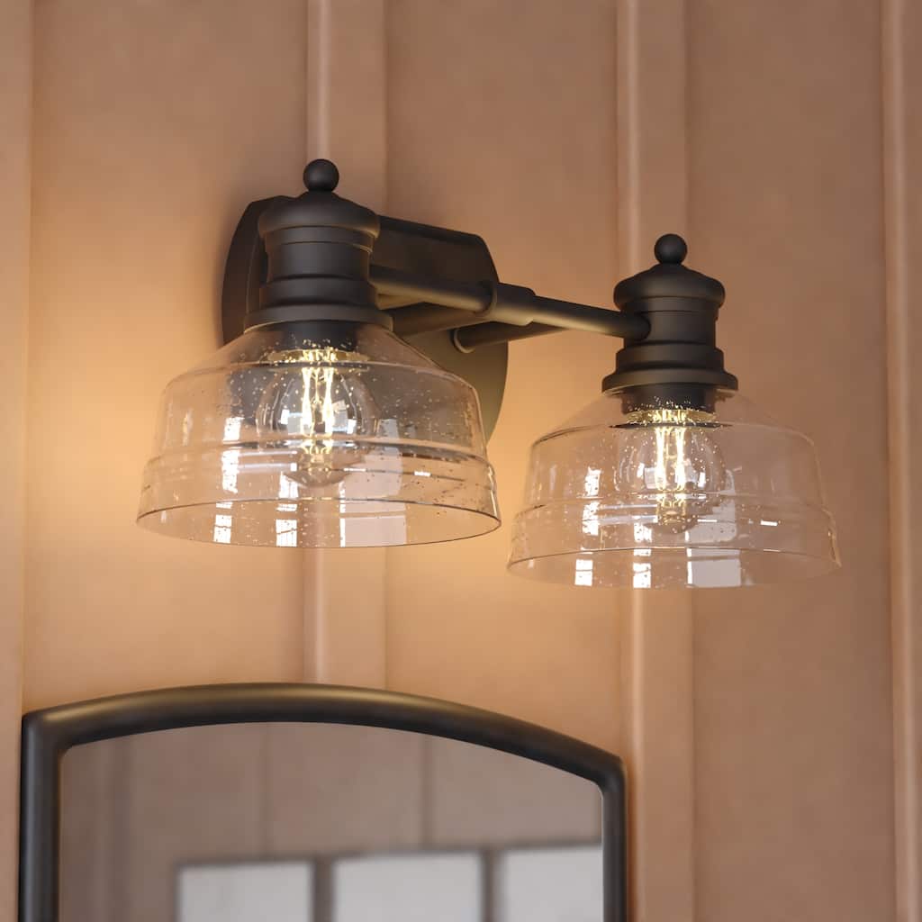 Beloit 2-Light 17 in. W Matte Black Farmhouse Bathroom Vanity Lighting Fixture Clear Seeded Glass Shade, Dimmable LED Compatible