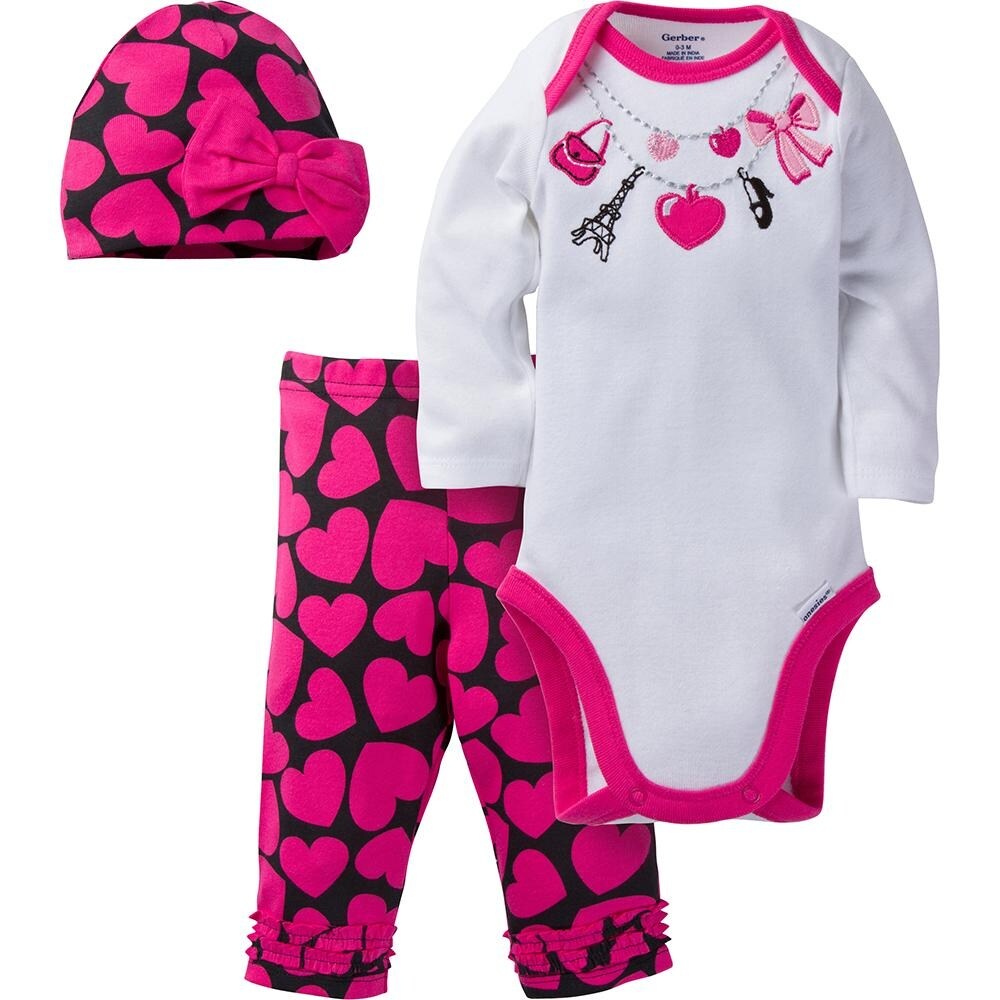 Gerber Baby Girls 3-Piece Bodysuit Legging and Cap Set